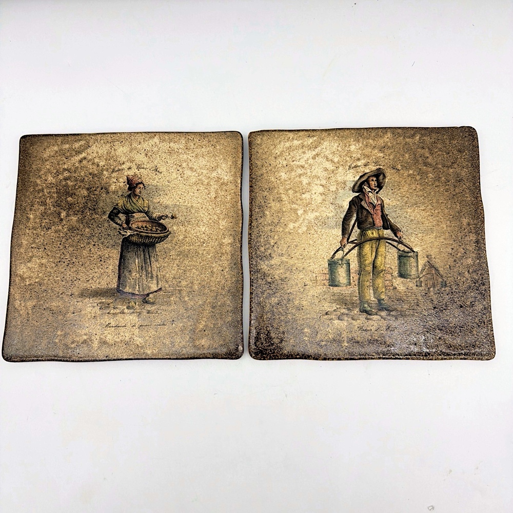 VTG Metiers du Vieux Paris Tile Set of 2 Ceramic French Street Scene Man & Woman